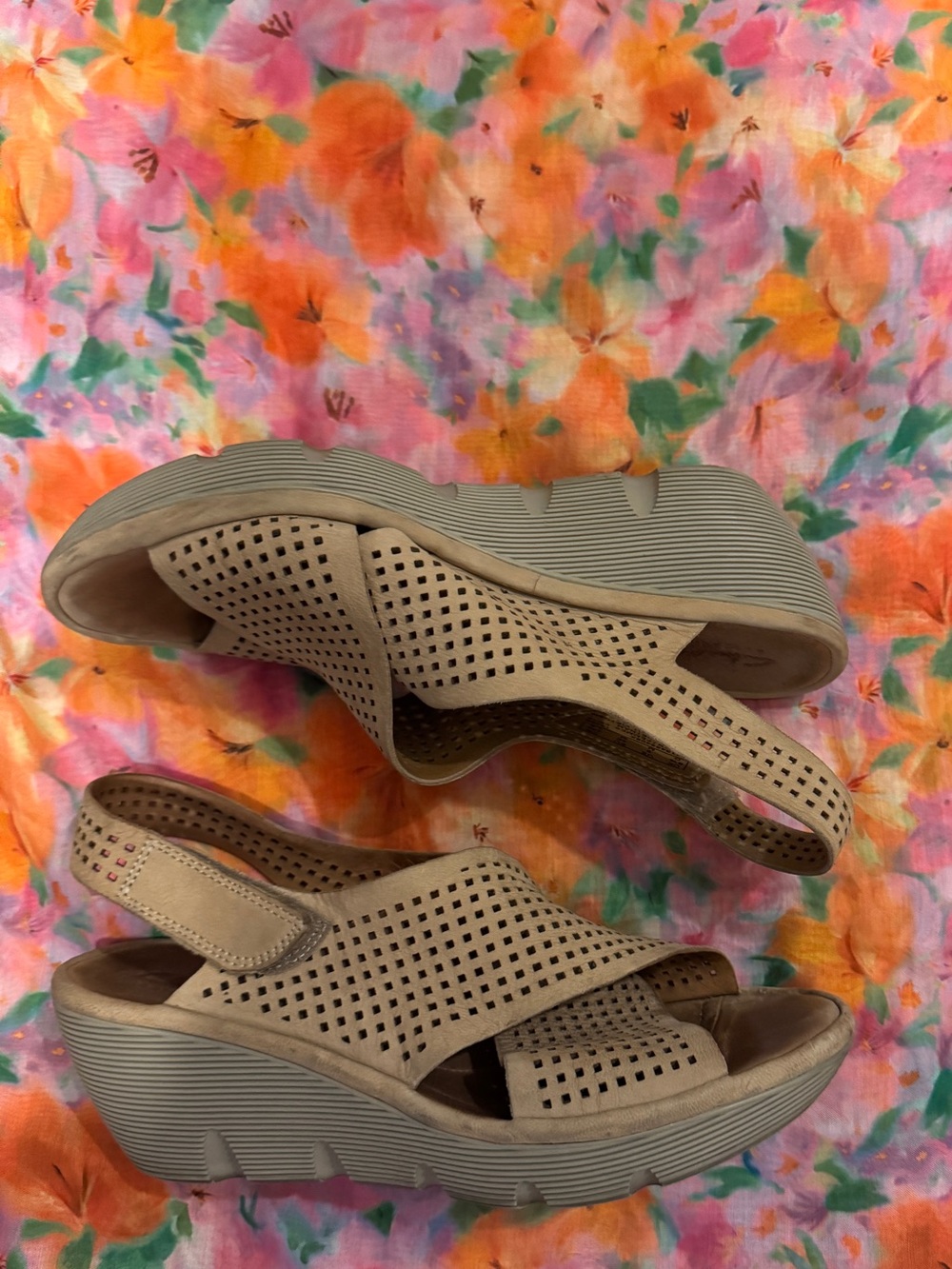 Clarks Taupe Perforated Crossover Slingback Wedge Sandals